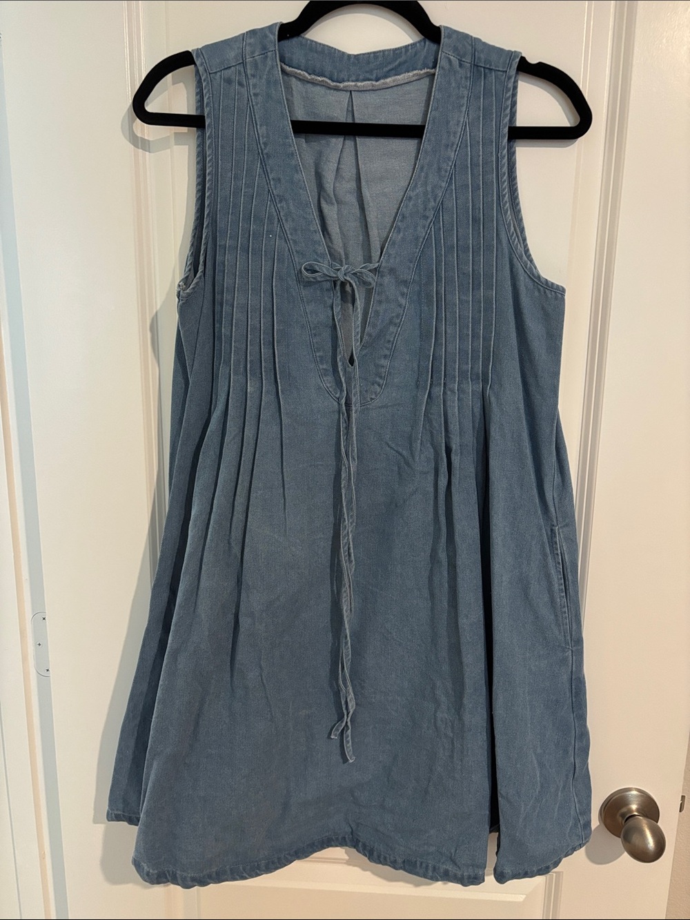 Sleeveless Light Blue Pintuck Tie-Front Mini Dress